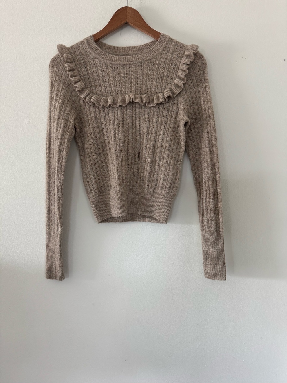 Doen XS Taupe Ruffled Yoke Alpaca long Sleeve Sweater Coquette Cottagecore READ
